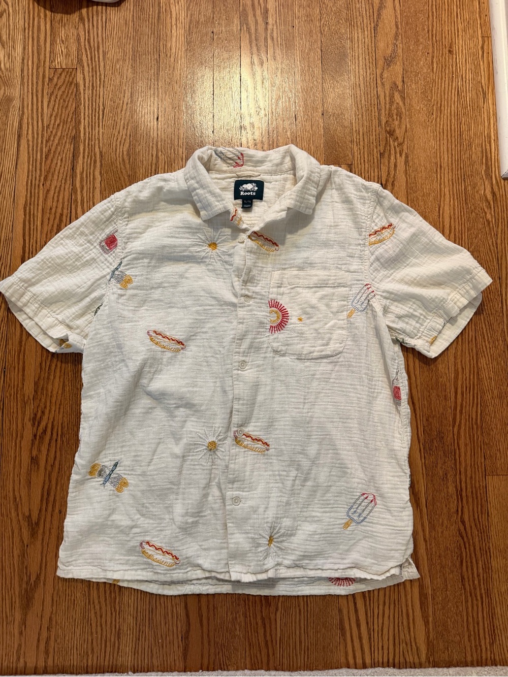 Roots White Short-Sleeve Embroidered Casual Button-Down Shirt